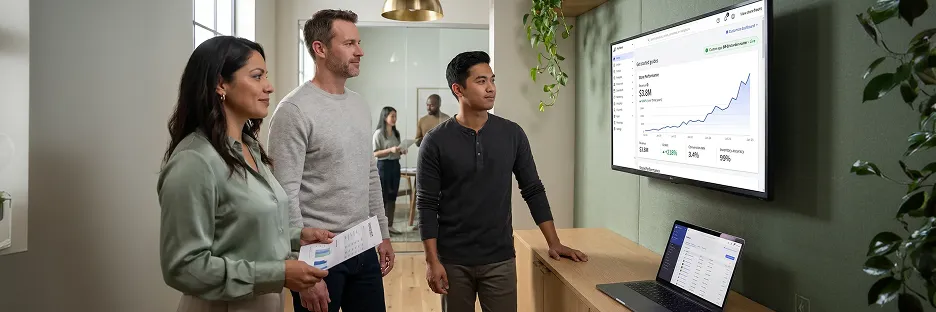 Ecommerce operations team reviewing live revenue analytics on BigCommerce dashboard after custom app deployment showing revenue growth Ecommerce operations team reviewing live revenue analytics on BigCommerce dashboard after custom app deployment showing revenue growth