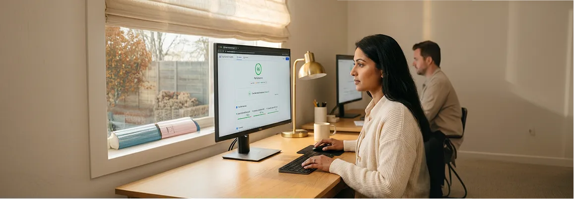 Ecommerce manager reviewing BigCommerce Core Web Vitals dashboard at a clean desk, natural window light from the side Ecommerce manager reviewing BigCommerce Core Web Vitals dashboard at a clean desk, natural window light from the side
