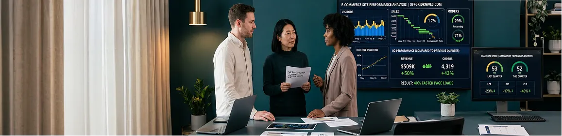 Performance team reviewing BigCommerce speed metrics on large screen, screen-glow as key light, side profile composition Performance team reviewing BigCommerce speed metrics on large screen, screen-glow as key light, side profile composition