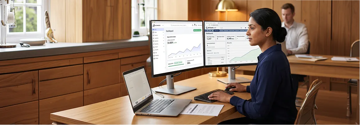 Operations analyst reviewing live BigCommerce ERP sync console at dual-monitor workstation, side profile, natural window light Operations analyst reviewing live BigCommerce ERP sync console at dual-monitor workstation, side profile, natural window light