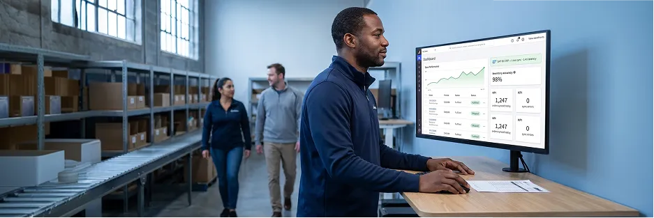 Warehouse operations lead calmly reviewing live BigCommerce control panel showing all orders fulfilled and SAP B1 ERP synced after Redefine integration, cool denim blue and light oak environment Warehouse operations lead calmly reviewing live BigCommerce control panel showing all orders fulfilled and SAP B1 ERP synced after Redefine integration, cool denim blue and light oak environment