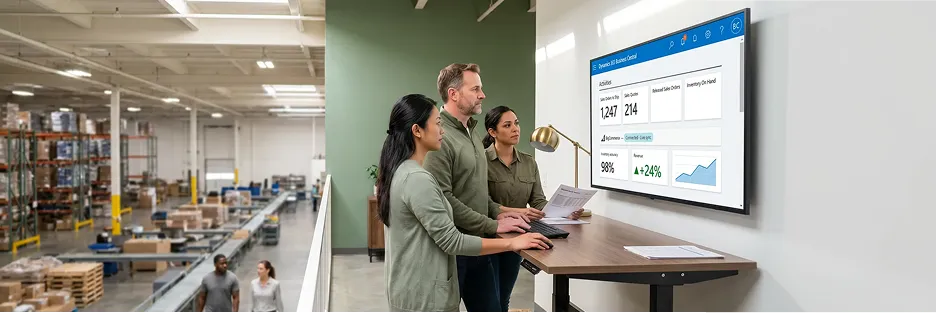 Corporate Gear fulfillment team coordinating high-volume order dispatch from unified Dynamics 365 Business Central dashboard connected to BigCommerce, forest moss warehouse mezzanine, natural light Corporate Gear fulfillment team coordinating high-volume order dispatch from unified Dynamics 365 Business Central dashboard connected to BigCommerce, forest moss warehouse mezzanine, natural light