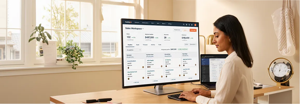 Ecommerce merchant reviewing live customer data synchronized between BigCommerce and CRM dashboard Ecommerce merchant reviewing live customer data synchronized between BigCommerce and CRM dashboard