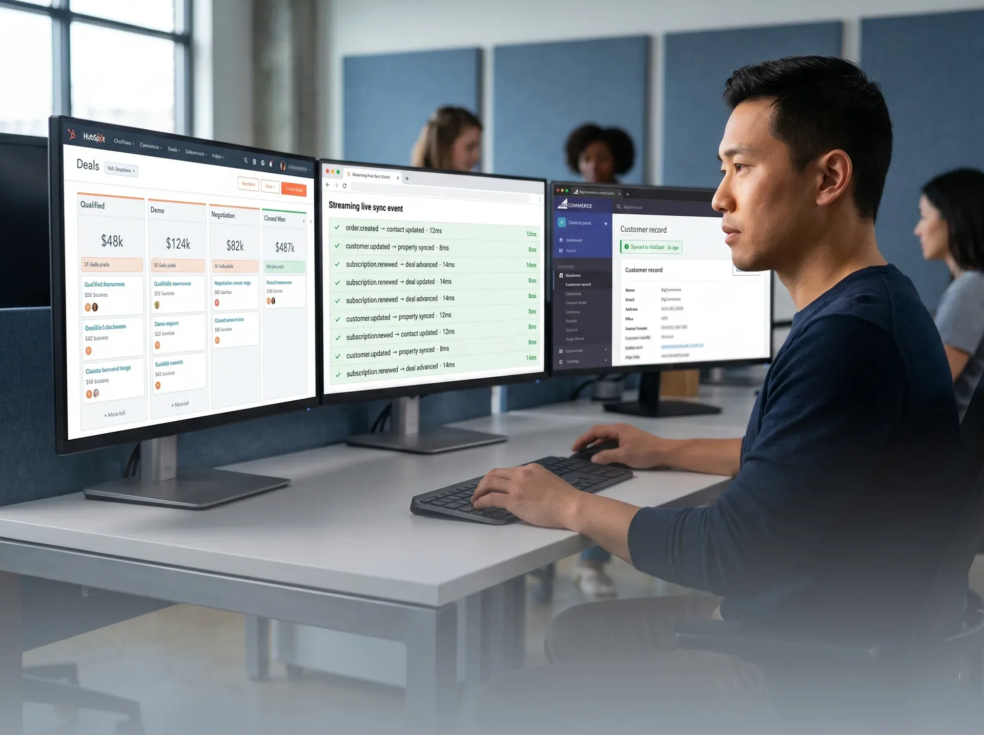 Data analyst monitoring live data sync between BigCommerce and Salesforce Data analyst monitoring live data sync between BigCommerce and Salesforce