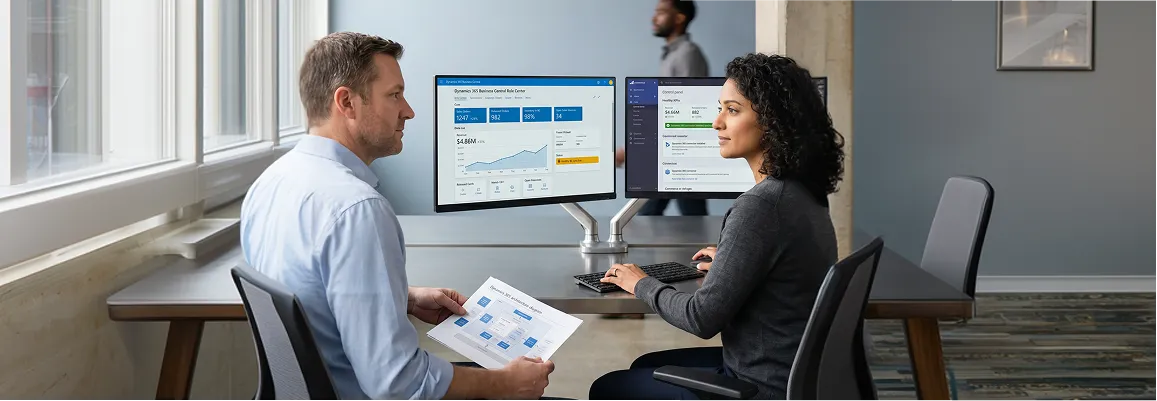 Operations team reviewing live Dynamics 365 and BigCommerce sync dashboard on dual monitors Operations team reviewing live Dynamics 365 and BigCommerce sync dashboard on dual monitors