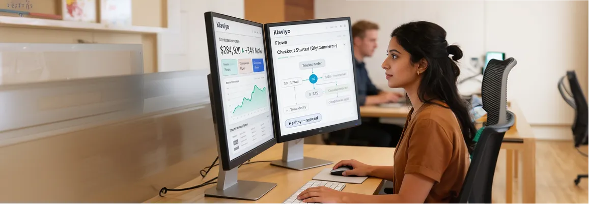 Retention marketer reviewing Klaviyo email performance on a BigCommerce store Retention marketer reviewing Klaviyo email performance on a BigCommerce store