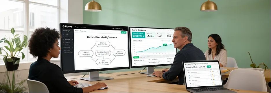 Ecommerce ops team co-reviewing a healthy Klaviyo Flows abandoned cart build with live BigCommerce attribution Ecommerce ops team co-reviewing a healthy Klaviyo Flows abandoned cart build with live BigCommerce attribution