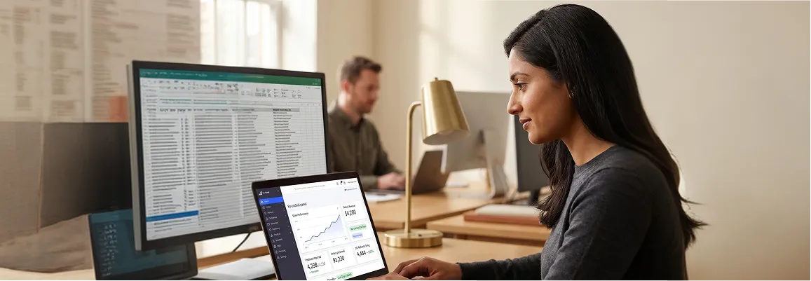 Ecommerce director reviewing Shopify to BigCommerce migration roadmap at desk with natural window light Ecommerce director reviewing Shopify to BigCommerce migration roadmap at desk with natural window light