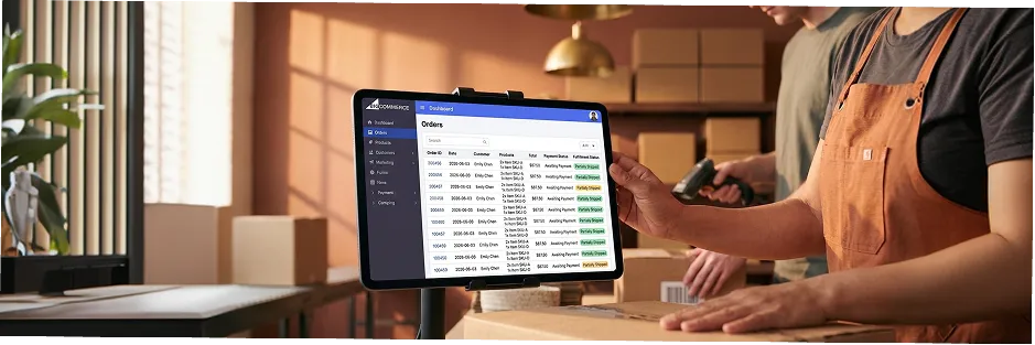 Warehouse team fulfilling increased order volume after BigCommerce launch, natural operational environment Warehouse team fulfilling increased order volume after BigCommerce launch, natural operational environment