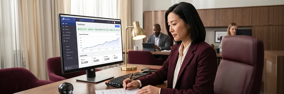 Store owner reviewing newly launched BigCommerce store on desktop monitor, calm confident expression after Magento migration Store owner reviewing newly launched BigCommerce store on desktop monitor, calm confident expression after Magento migration
