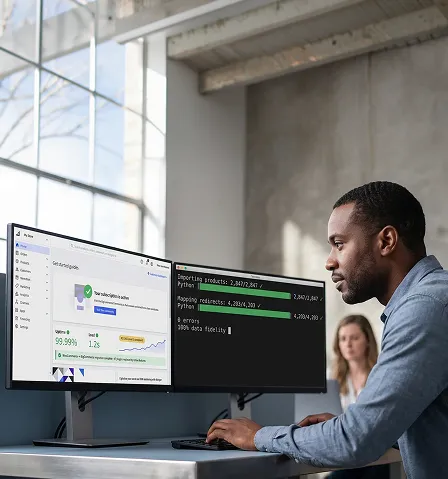 Operations manager calmly reviewing successful WooCommerce to BigCommerce migration script and healthy control panel KPIs Operations manager calmly reviewing successful WooCommerce to BigCommerce migration script and healthy control panel KPIs