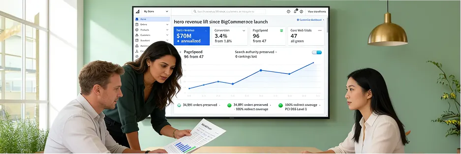 Ecommerce operations team reviewing analytics dashboard performance data after platform migration, morning light Ecommerce operations team reviewing analytics dashboard performance data after platform migration, morning light