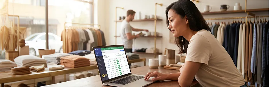 Store founder reviewing BigCommerce orders confidently at checkout counter in early morning natural light Store founder reviewing BigCommerce orders confidently at checkout counter in early morning natural light