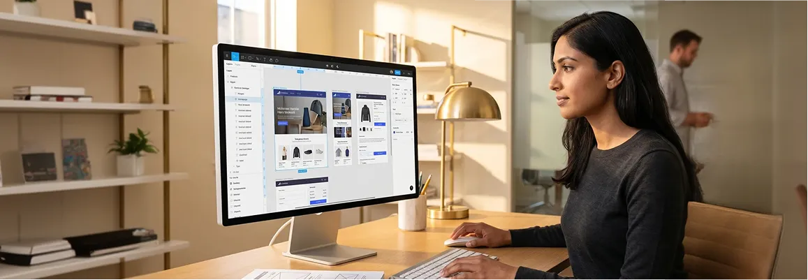 Designer reviewing BigCommerce storefront redesign on large monitor, natural window light Designer reviewing BigCommerce storefront redesign on large monitor, natural window light