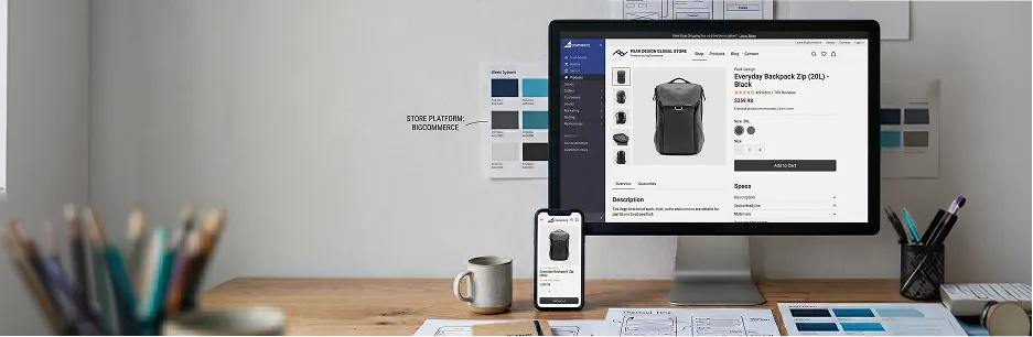Ecommerce team reviewing live BigCommerce store performance after redesign launch, screen glow Ecommerce team reviewing live BigCommerce store performance after redesign launch, screen glow