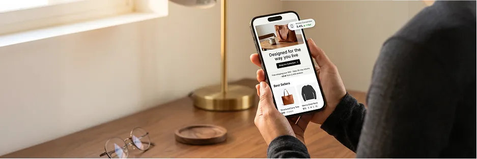 Redesigned BigCommerce store viewed on mobile device showing conversion-optimized layout Redesigned BigCommerce store viewed on mobile device showing conversion-optimized layout