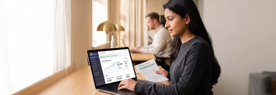 Ecommerce founder reviewing BigCommerce replatforming plan on laptop, natural morning light Ecommerce founder reviewing BigCommerce replatforming plan on laptop, natural morning light