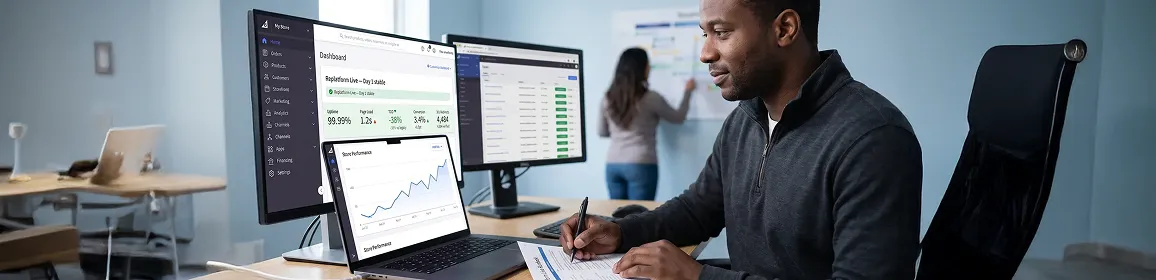 Ecommerce operations lead reviewing post-replatform BigCommerce control panel, calm focused AFTER state Ecommerce operations lead reviewing post-replatform BigCommerce control panel, calm focused AFTER state
