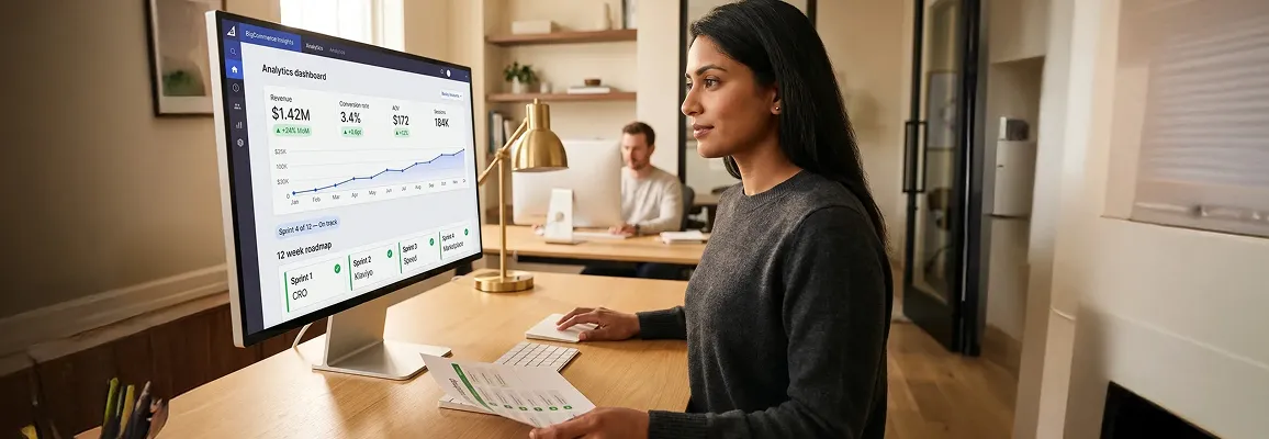 Ecommerce founder reviewing monthly growth roadmap on BigCommerce analytics dashboard