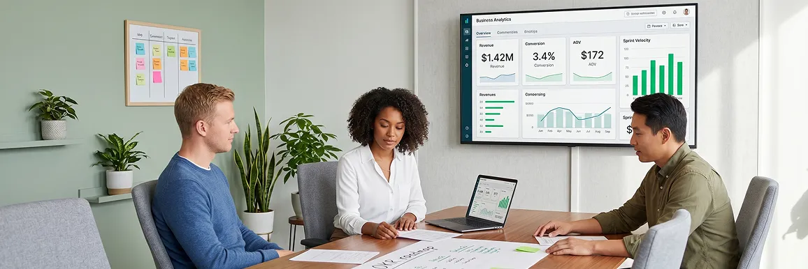 Three-person retainer growth team reviewing BigCommerce control panel with healthy month-over-month growth metrics and a 12-week sprint roadmap