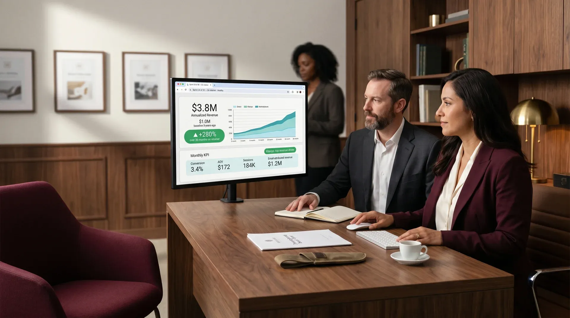 Outdoor knife brand founder at walnut executive desk reviewing $3.8M annualized revenue on a Looker Studio ecommerce dashboard after 36 months on retainer