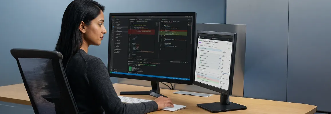 South Asian senior BigCommerce developer reviewing a fixed Stencil cart template in VS Code dark theme alongside a merged GitHub pull request with all CI checks green South Asian senior BigCommerce developer reviewing a fixed Stencil cart template in VS Code dark theme alongside a merged GitHub pull request with all CI checks green