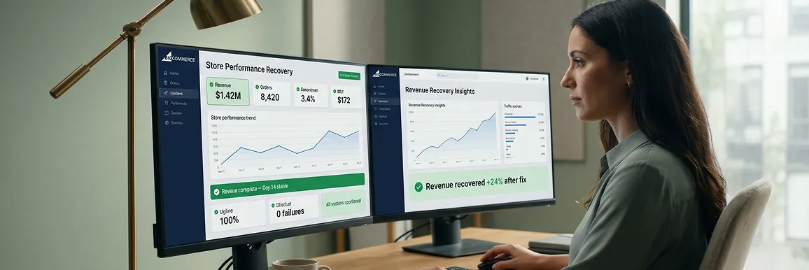 Ecommerce director at dual monitors showing the rescued BigCommerce control panel with healthy KPIs and revenue recovery curve after Redefine rescue Ecommerce director at dual monitors showing the rescued BigCommerce control panel with healthy KPIs and revenue recovery curve after Redefine rescue