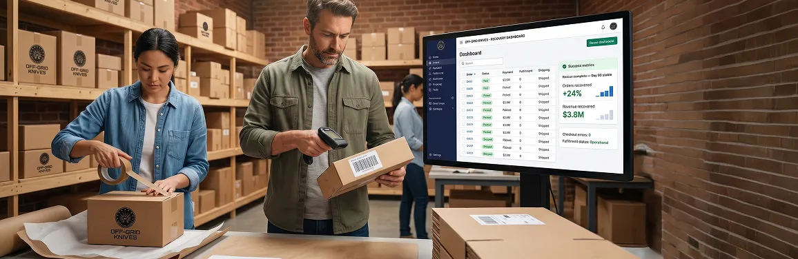 Outdoor brand team at fulfillment station with products packed after BigCommerce store rescue and rebuild by Redefine Outdoor brand team at fulfillment station with products packed after BigCommerce store rescue and rebuild by Redefine