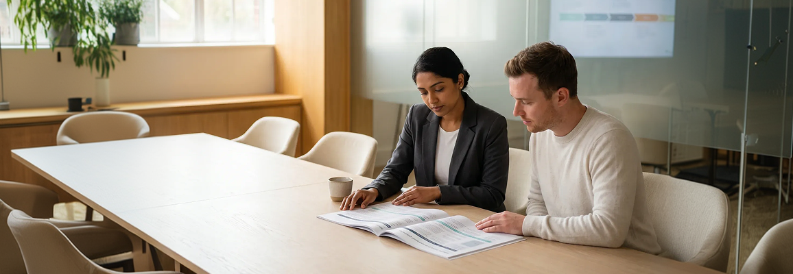 Senior consultant and technology director reviewing digital transformation strategy documents in a modern office Senior consultant and technology director reviewing digital transformation strategy documents in a modern office