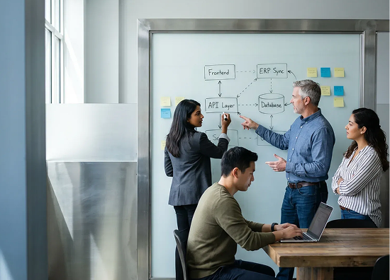Cross-functional software consulting team reviewing architecture plans at a whiteboard Cross-functional software consulting team reviewing architecture plans at a whiteboard