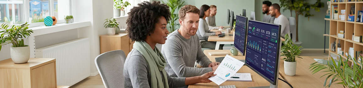 Sales operations team reviewing customer relationship data at shared workstations in an open office space Sales operations team reviewing customer relationship data at shared workstations in an open office space