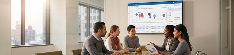 Customer relationship management consulting team collaborating around a conference table reviewing revenue pipeline on a shared screen Customer relationship management consulting team collaborating around a conference table reviewing revenue pipeline on a shared screen