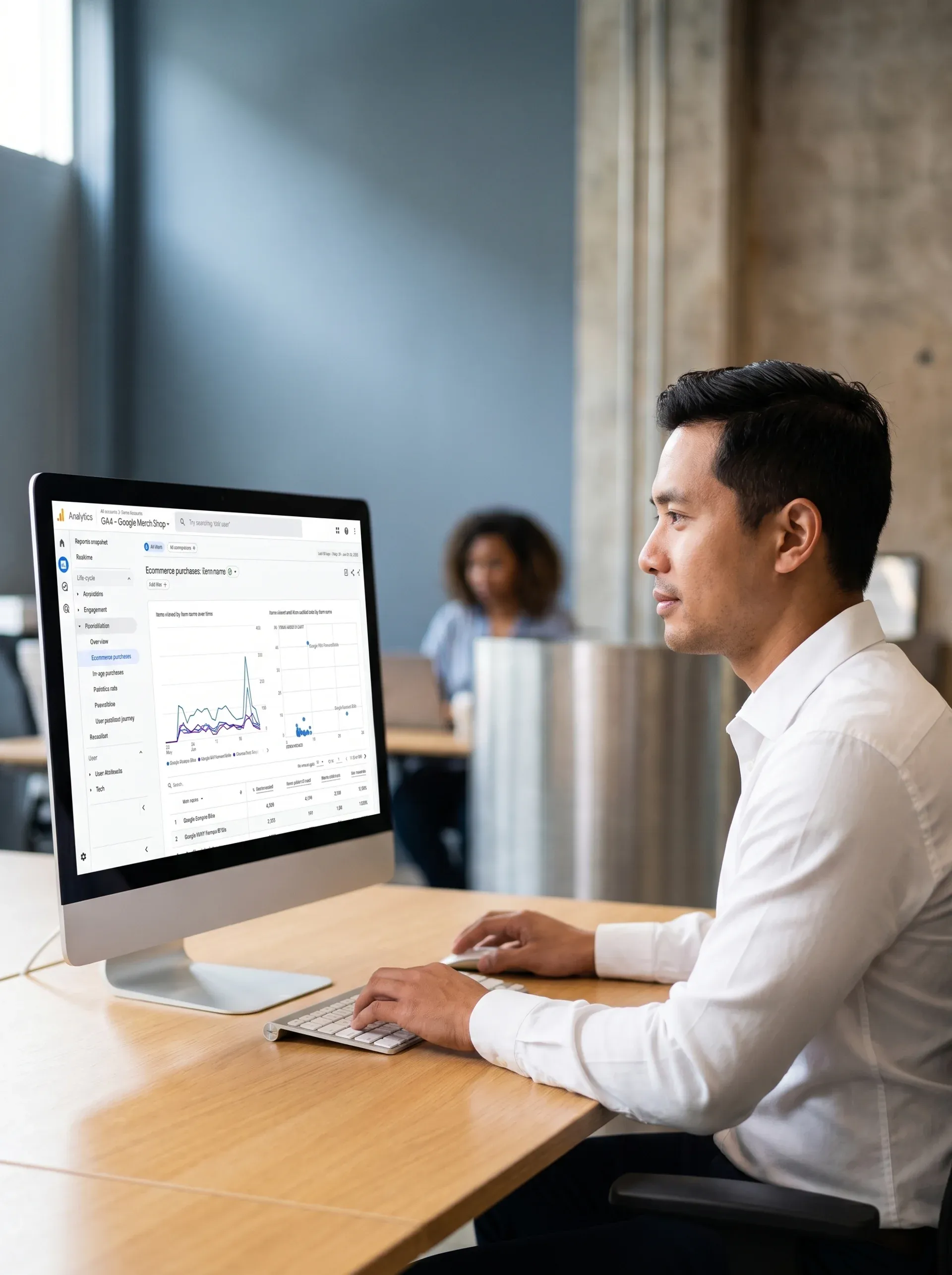 Business analyst reviewing ecommerce conversion performance data on screen