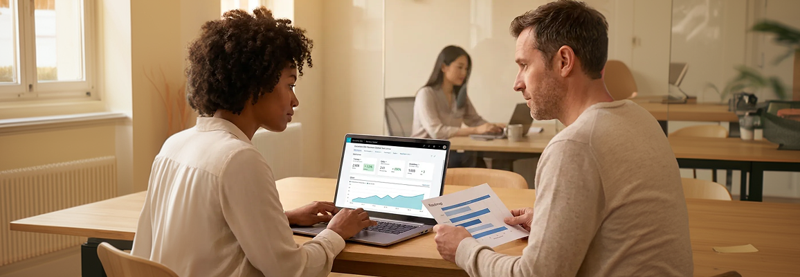 IT consultant and enterprise leader reviewing Microsoft Dynamics 365 implementation roadmap in a modern office IT consultant and enterprise leader reviewing Microsoft Dynamics 365 implementation roadmap in a modern office