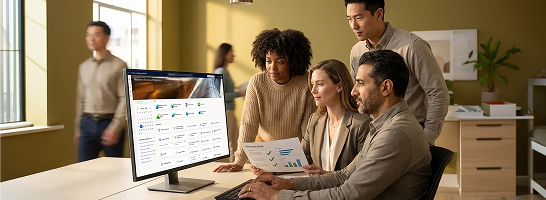 Enterprise operations team analyzing enterprise resource planning data and inventory workflows on a shared dashboard screen Enterprise operations team analyzing enterprise resource planning data and inventory workflows on a shared dashboard screen