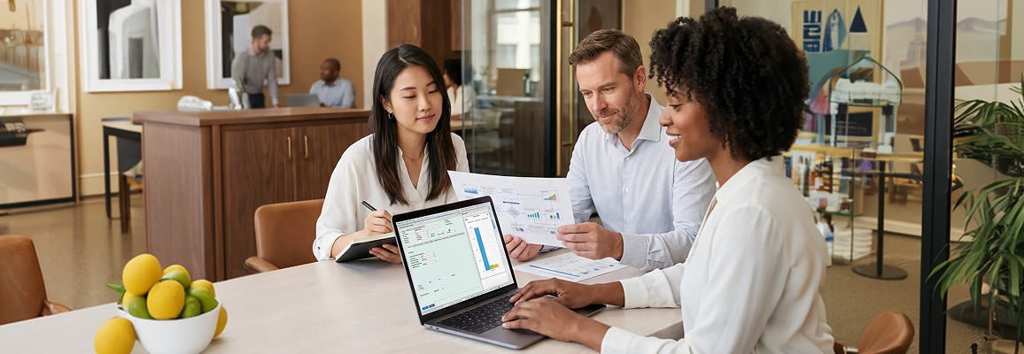 Enterprise resource planning consultant team collaborating on SAP software implementation plan in a modern office Enterprise resource planning consultant team collaborating on SAP software implementation plan in a modern office