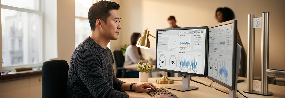 AWS consultant reviewing cloud architecture on a dual-monitor workstation in a modern office AWS consultant reviewing cloud architecture on a dual-monitor workstation in a modern office