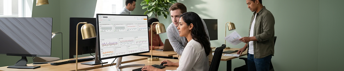 SaaS platform team reviewing live AWS deployment metrics at their workstations SaaS platform team reviewing live AWS deployment metrics at their workstations