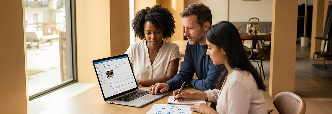 Azure consulting team planning cloud architecture in a modern enterprise collaboration space Azure consulting team planning cloud architecture in a modern enterprise collaboration space