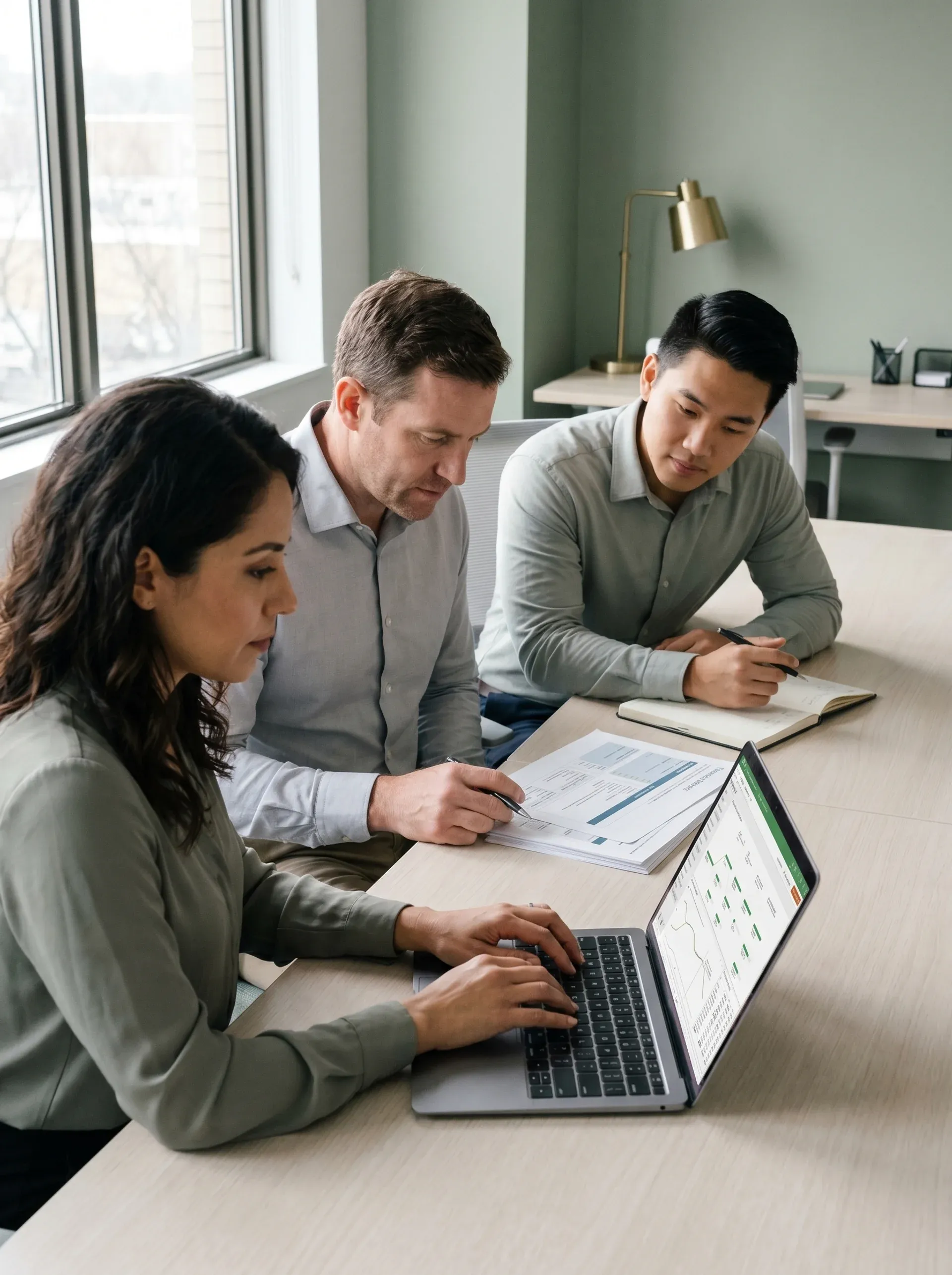 Consulting team in a structured transition handover session reviewing project documentation at a modern office table Consulting team in a structured transition handover session reviewing project documentation at a modern office table