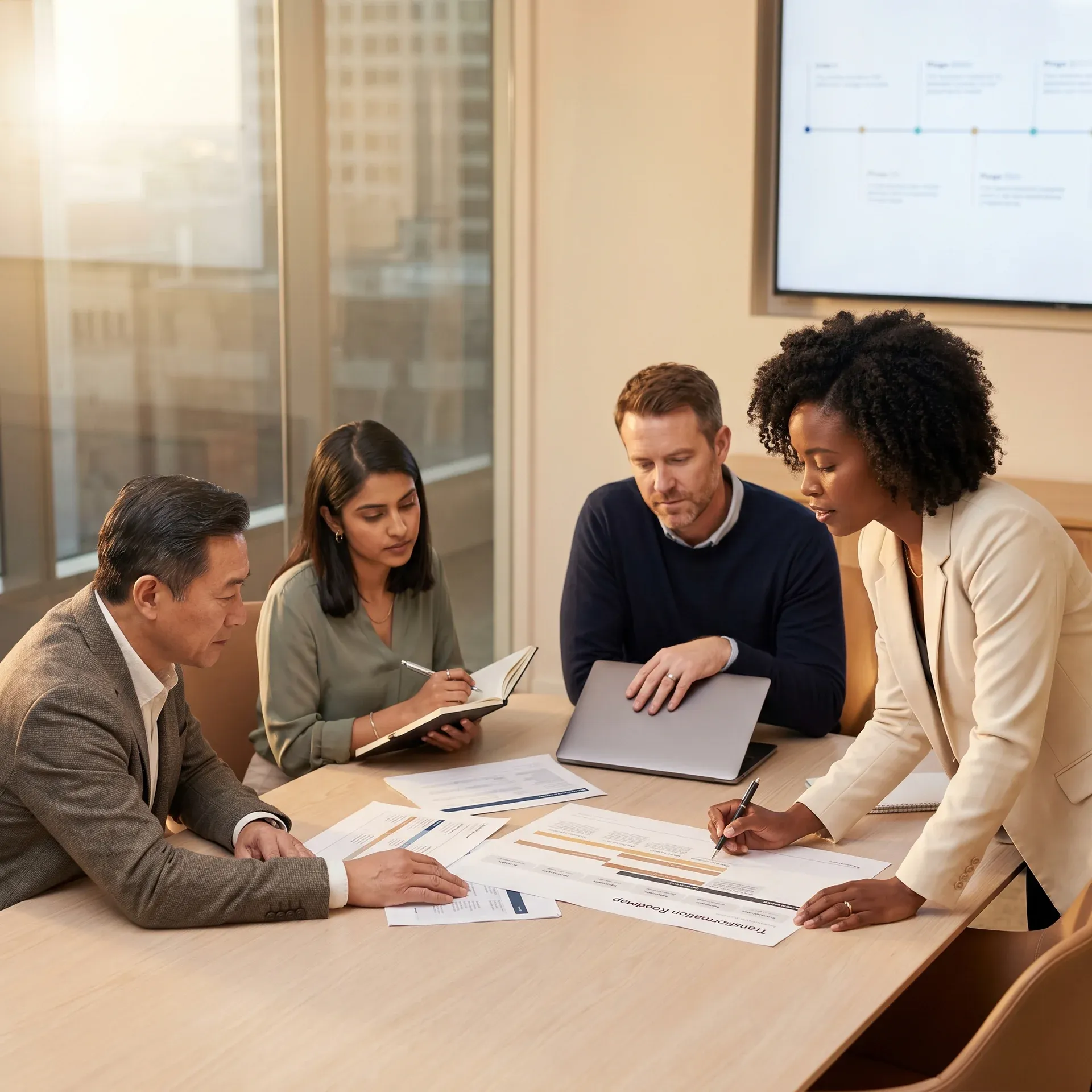 Consulting team collaborating around strategy plans in a modern boardroom Consulting team collaborating around strategy plans in a modern boardroom