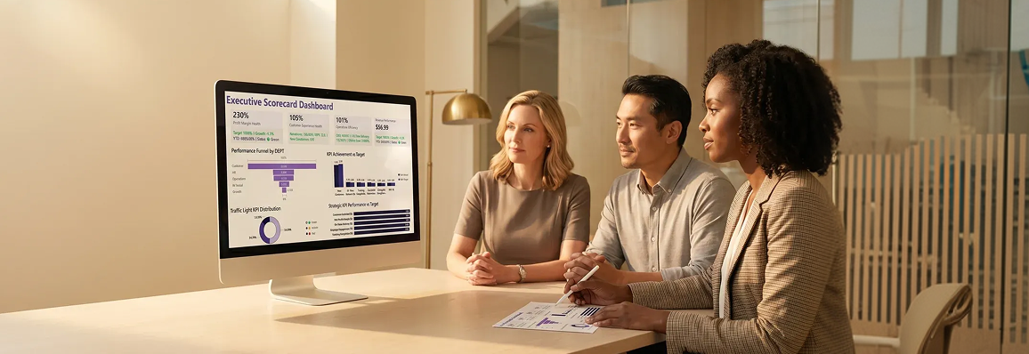 Consultant and client reviewing strategic assessment priorities together at a modern office table Consultant and client reviewing strategic assessment priorities together at a modern office table
