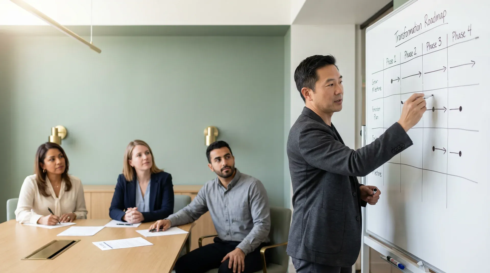Strategy consultant facilitating a roadmap planning session with a diverse executive team at a whiteboard Strategy consultant facilitating a roadmap planning session with a diverse executive team at a whiteboard