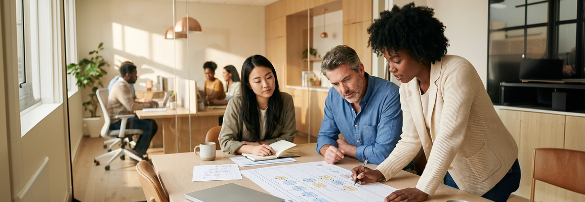 Consulting team reviewing process documentation together in a modern office Consulting team reviewing process documentation together in a modern office