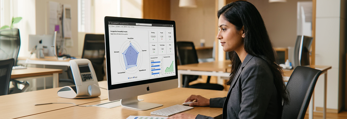 Strategy consultant reviewing digital transformation maturity scorecard at a modern desk with natural window light Strategy consultant reviewing digital transformation maturity scorecard at a modern desk with natural window light