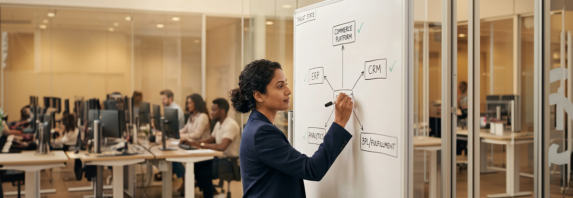 Consultant reviewing a technology stack architecture diagram on a whiteboard Consultant reviewing a technology stack architecture diagram on a whiteboard
