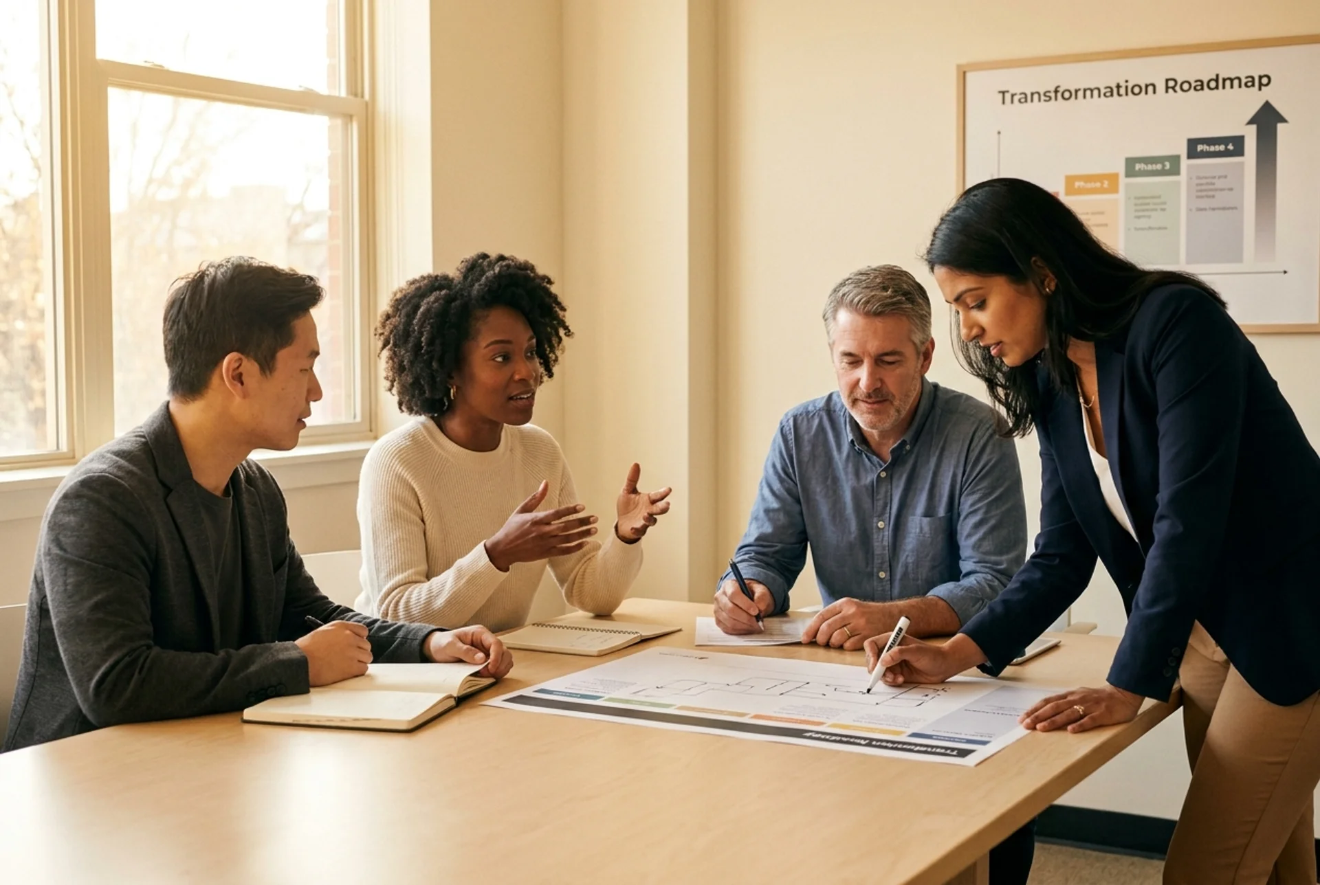 Senior strategy consultant reviewing a 90 day growth roadmap with a CEO and CFO on a wall mounted display