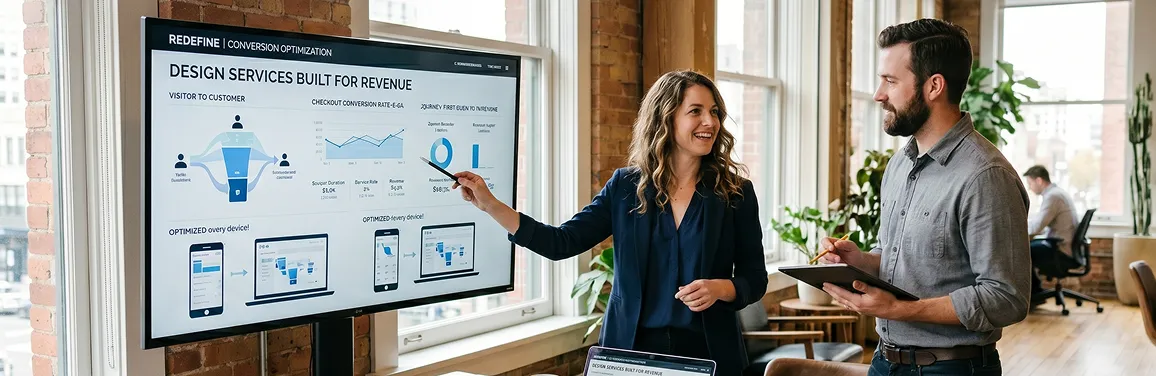 Redefine design team reviewing ecommerce project layouts with mockup screens in a warm-lit studio Redefine design team reviewing ecommerce project layouts with mockup screens in a warm-lit studio