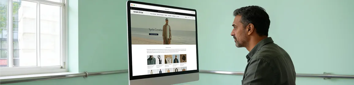 Business owner reviewing a clean, modern, high-converting website on screen with a positive conversion uptick, natural window light Business owner reviewing a clean, modern, high-converting website on screen with a positive conversion uptick, natural window light