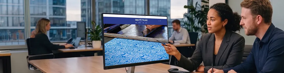 Three Islands premium clothing brand ecommerce homepage displayed on a monitor after Redefine redesign Three Islands premium clothing brand ecommerce homepage displayed on a monitor after Redefine redesign